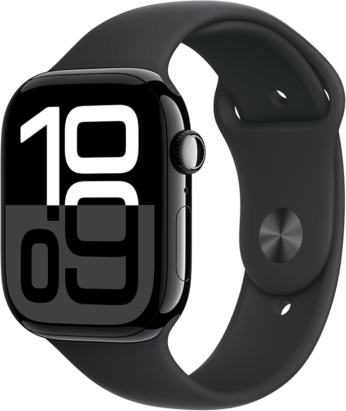 Apple Watch Series 10 with titanium case and colorful display showing fitness metrics