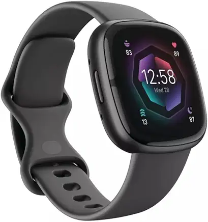 Fitbit Sense 3 smartwatch displaying stress management and ECG health features