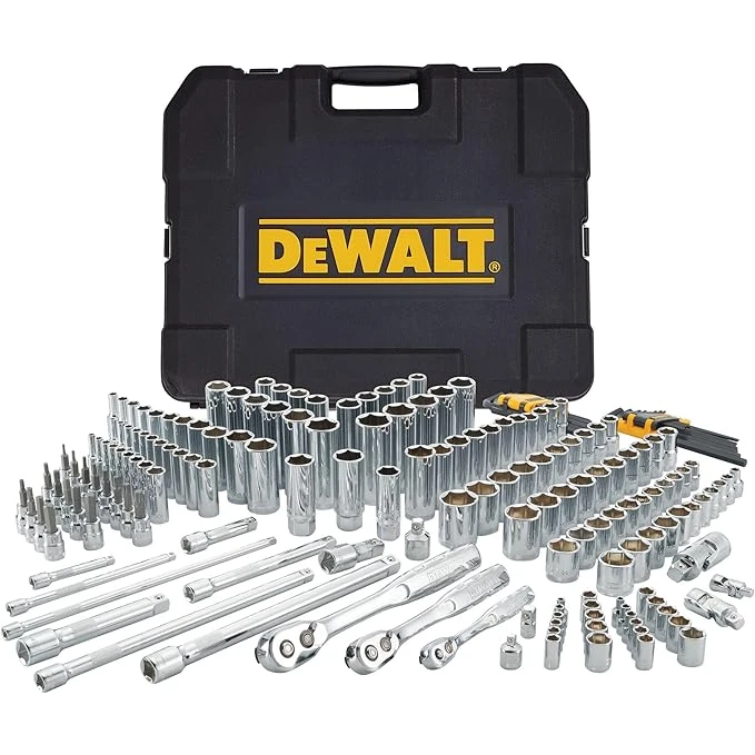 DEWALT 192-piece mechanics tool set with professional grade wrenches and sockets in yellow hard case