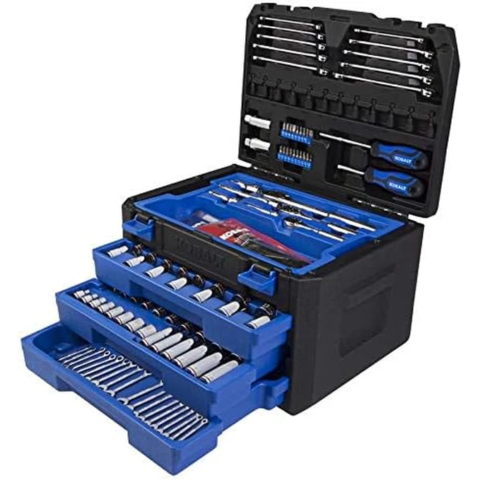 Kobalt 227-piece mechanics set with comprehensive socket and wrench selection in durable storage case