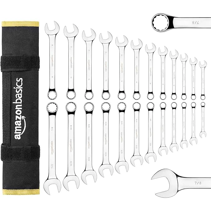 Amazon Basics combination wrench collection with SAE and metric wrenches in storage case