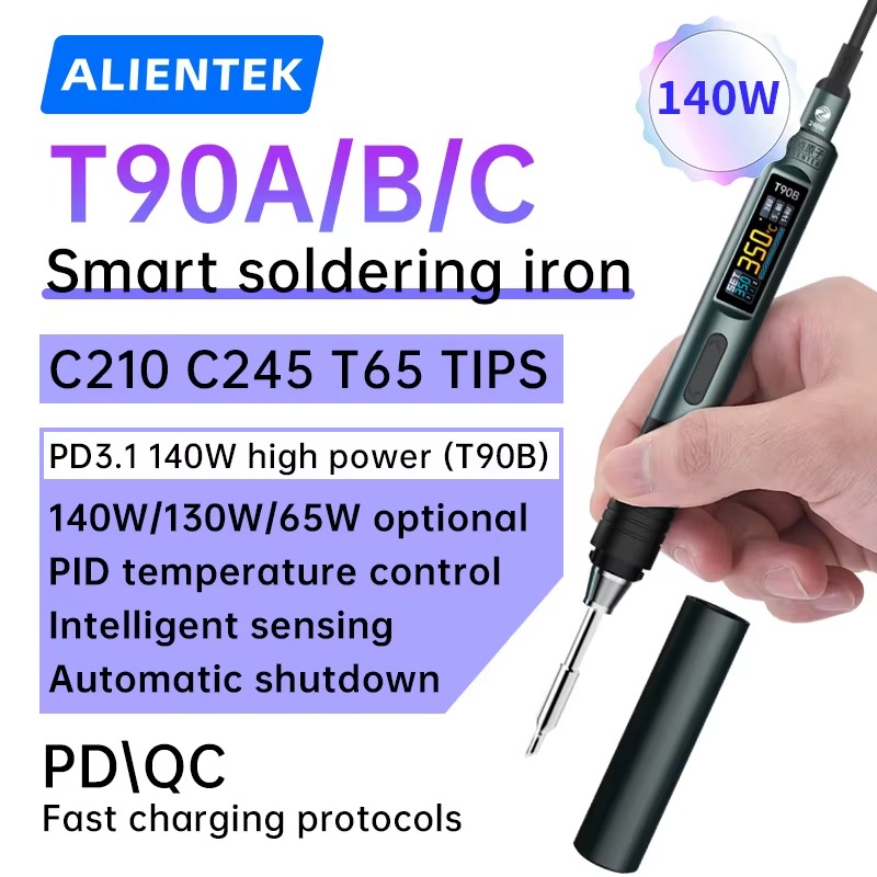 ALIENTEK T90 PD smart soldering iron with OLED display showing temperature reading