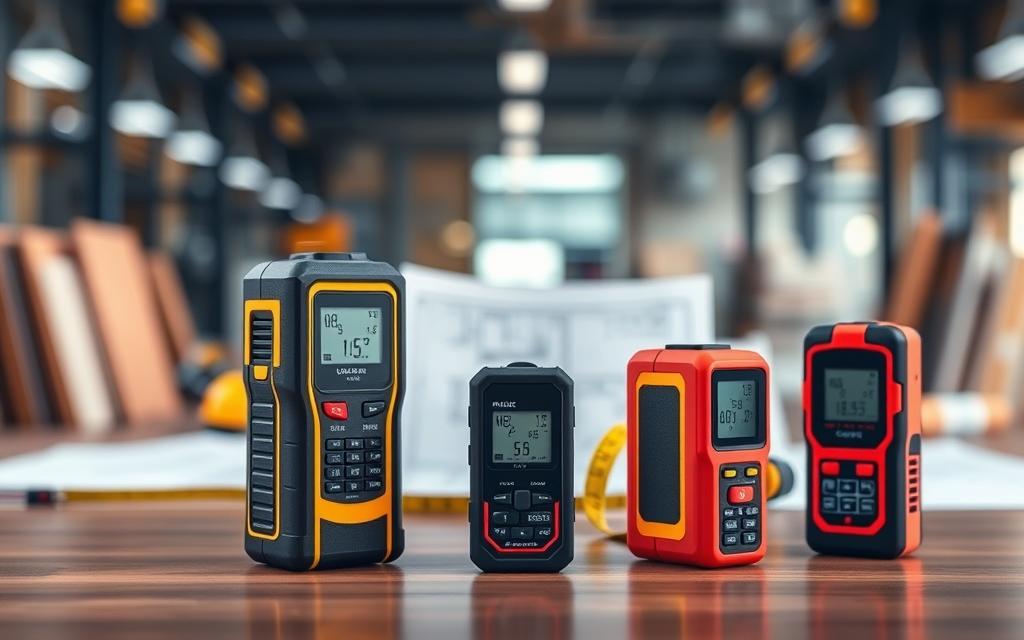 Best laser distance meters from AliExpress [year] on a construction site workbench showing MILESEEY and SNDWAY models