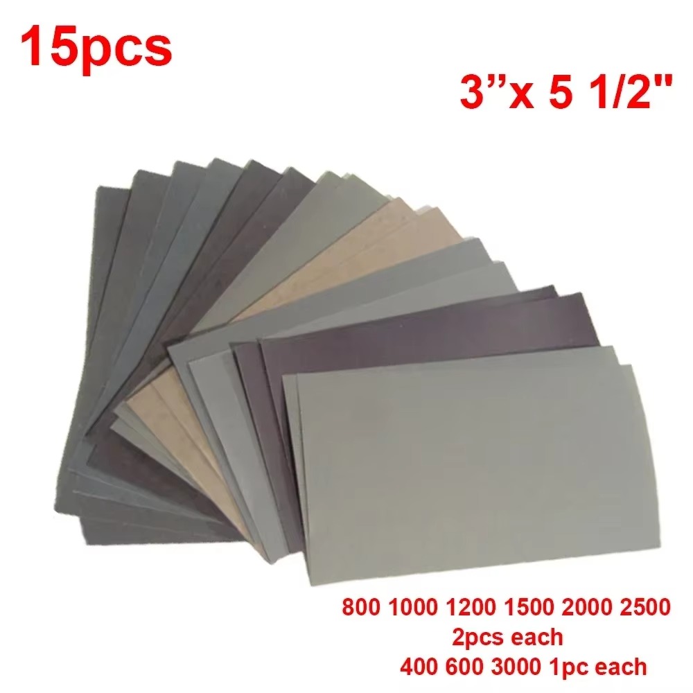 Essential wet and dry sandpaper set 15 pieces 400 to 3000 grit for metalworking and surface finishing