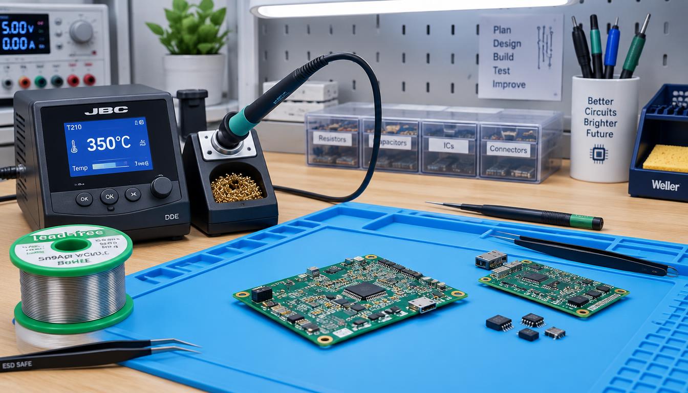 Soldering iron station resting on a modern electronics lab bench beside a circuit board